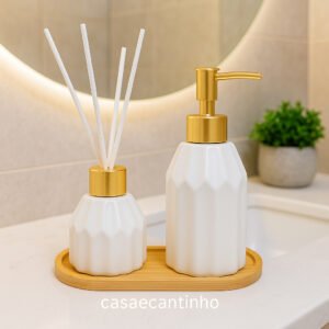 Kit Banheiro Lavabo Porta Sabonete Líquido e Porta Escovas Cerâmica