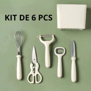 Kit de Utensílios de Cozinha 6 Peças Aço Inox com Base Organizadora - Creme
