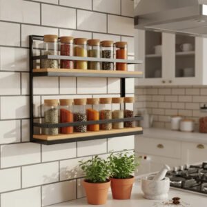 Prateleira Porta Condimentos em Ferro e Madeira Rústico de 2 Andares