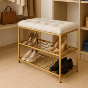 Sapateira Banco Estofado Veludo 2 Andares Metal Dourado 60cm